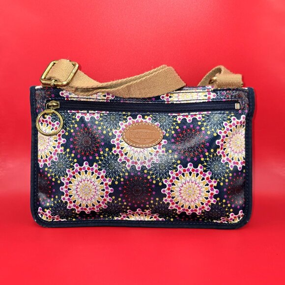 Fossil Keyper Mini Calypso Crossbody Flap Purse Bag Coated Canvas Blue Multi - Picture 2 of 7